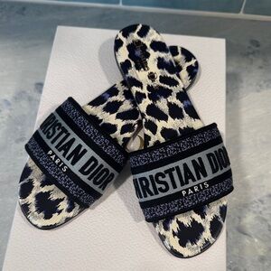 Dior Blue and White Leopard Slides